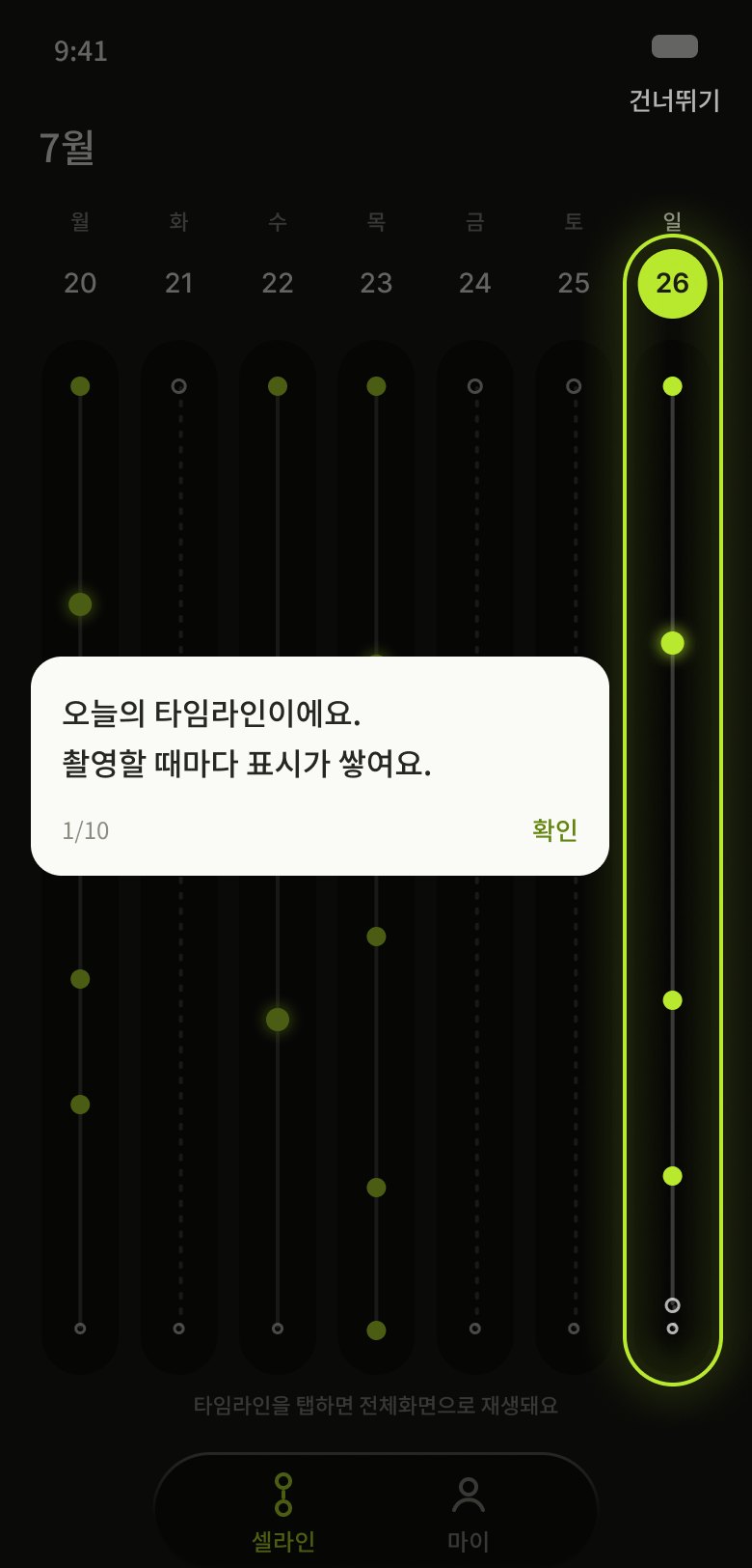 셀라인 메인 — 오늘의 타임라인에 촬영이 라임 점으로 쌓이는 화면